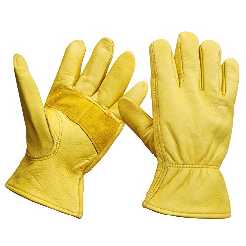 Nobrand Leather Work Gloves Stretchable Wrist Tough Cowhide Safe Working Glove (3, Large)