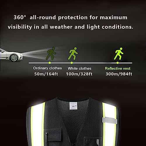 Reflective Safety Vest for Men Women with 5 Pockets and Zipper Front Mesh High Visibility Vest Hi Vis Work Vest,Meets ANSI/ISEA Standards(KZ177-Black-L)