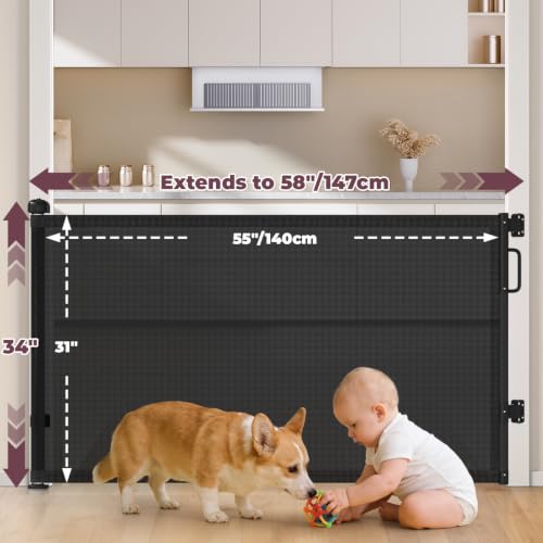 Cideny Black 34" Tall x 58" Wide Retractable Mesh Baby & Dog Gate for Doorways and Stairs