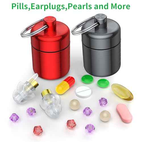 Ear Plug Carrying Case Keychain(2 Pack), Small Waterproof Metal Earplug Case Ear Plug Holder Container Great for Earplugs, Pills Case Pill Box and Jewelry Holder (Grey Red)