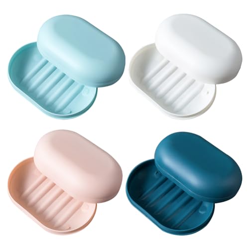 4Pcs Plastic Soap Dishes with Lids - Bathroom & Kitchen Soap Holders, 11.5 x 7.2 cm