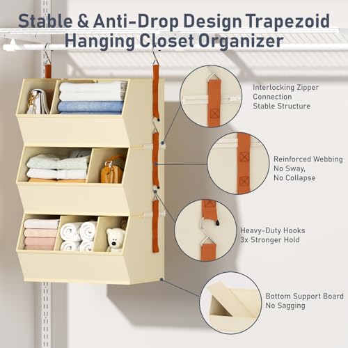 DIMJ Beige Hanging Closet Organizer 3-Pack - Extra Large Fabric Storage with Dividers