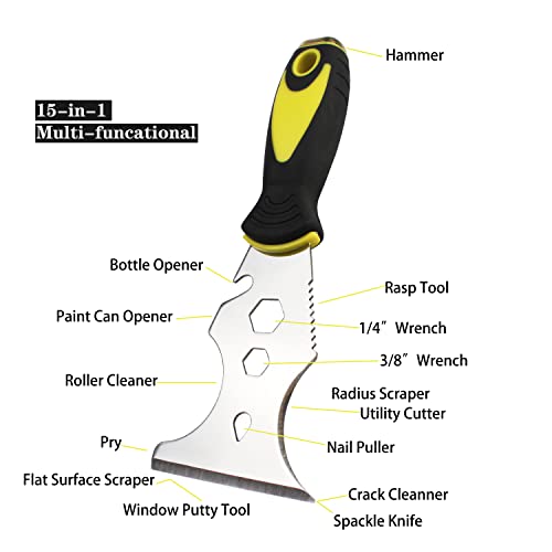 Multi-Painter's Stainless Steel Tool Spealloy Paint Scraper, Taping knife,3 in. Putty knife 15-in-1 Paint Scraper Hammer Head Soft Grip Handle Fixed Multi-Tool for Wood, Wallpaper Grout