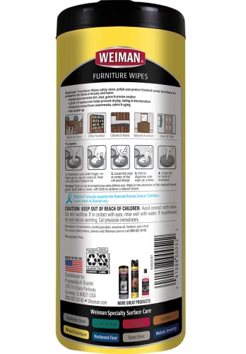 Weiman Wood Polish and Cleaning Wipes 20 Count Pack of 3 - Furniture & Cabinet Cleaner with UVX-15 Protection