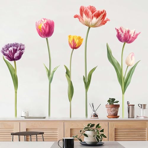 5 Large Tulip Flowers Wall Stickers - Wildflower Floral Garden Wall Stickers - Girls Bedroom Living Room Sofa TV Background Home Wall Decor