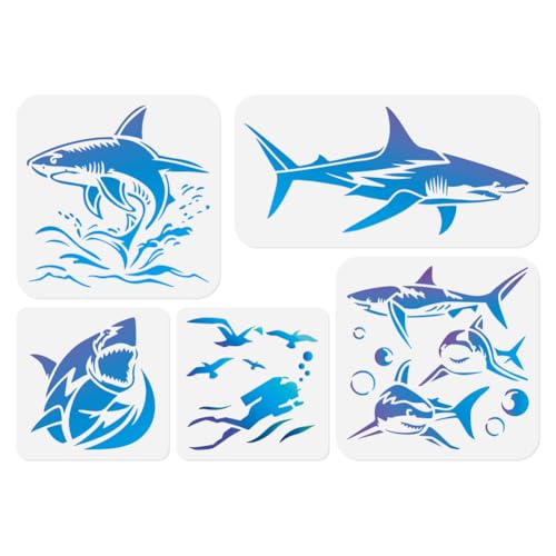 5Pcs Ocean Shark Wall Stencil Templates Reusable Plastic Marine Organism Stencils for Painting on Wood Wall Floor Fabric Glass Furniture, DIY Home Decor or Craft Stencil