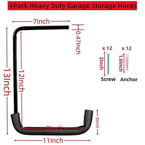 Heavy Duty Garage Storage Hooks, Overhead Garage Storage Rack, 4 Pack Wall Mounted Ladder Hook, Utility Ceiling Hangers & Organizer for Wood,Tools, Bicycle (10 x 14 Inch)