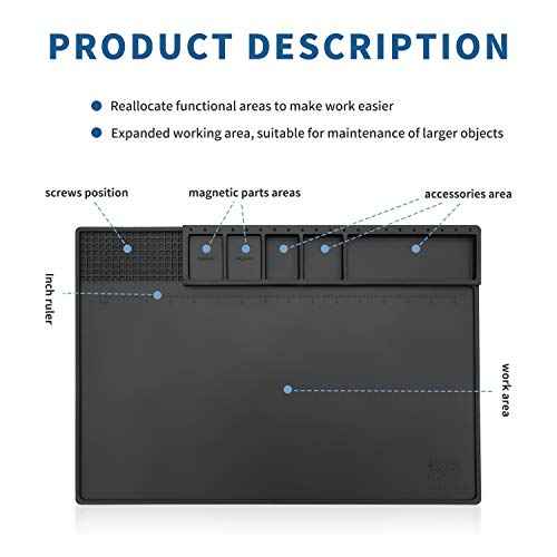 HTM-202 Black Silicone Soldering Mat Heat Resistant Large Magnetic Electronic Repair Work Mat,Expand Work Area for Soldering, Electronics, Computer Repair Etc