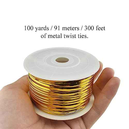 HAHIYO 100Yards/300Feet/91M Gold Metal Twist Ties for Bread, Candy, Coffee, Plant Garden, Cellophane Treat, Gift Wrapping, Plastic Bags - Halloween Party, Cake Present, Art Craft
