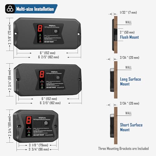 RV Propane Gas Detector, WildPulse RV LP Gas Detector, Hardwired - VDC 12V, Flush & Surface Mount, with 3 Brackets