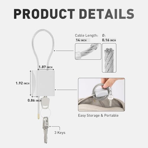 Kabinge Silver Adjustable Cable Lock 1.15ft (0.35m) with 3 Keys - Versatile Security