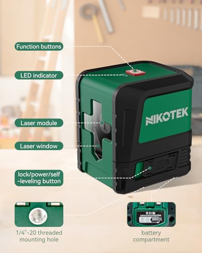 Nikotek Laser Level NK02G Self-Leveling Green Line with Horizontal & Vertical Lines for Construction & Hanging, Battery Included