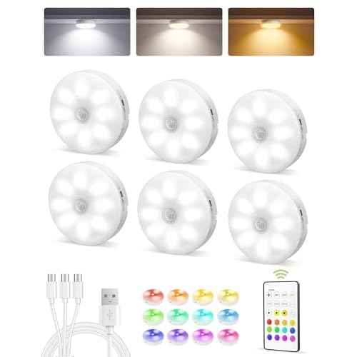 EZVALO 6-Pack Under Cabinet Lighting, Rechargeable Motion Sensor Puck Lights with Remote, 3 Color Temps &12 RGB Colors, Magnetic Stick on Light, Dimmable Under Counter Lights for Kitchen, Shelf, Stair