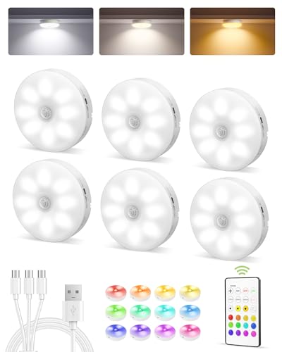 EZVALO 6-Pack White RGB Under Cabinet Puck Lights with Remote & Motion Sensor