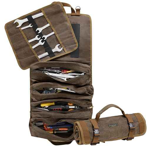 Multifunctional Tool Roll Bag | 16OZ Waxed Canvas Tool Carrier with 4 Pockets + 1 Detachable Roll - Portable Tool Organizer for Hammer Wrench Chisel | 27.5"x13.5" | Grey
