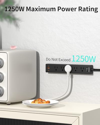 6Ft Surge Protector Power Strip with 1700J, 5AC & 3 USB-C Outlets, Black, Flat Plug Extension Cord