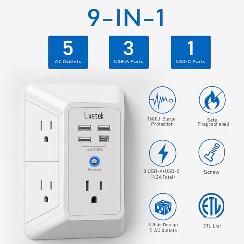Lvetek 3U1C White Multi Outlet Extender with 4 USB & Surge Protector