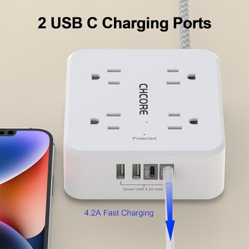 CHCORE 5 Ft White Braided Surge Protector Power Strip with 8 Outlets & 4 USB Charging Ports