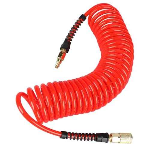 Keepro Polyurethane Recoil Air Hose, 1/4 Inch ID By 25 Feet Long Air Compressor Hose with Repairable Solid Brass 1/4" Industrial Quick Coupler and Plug, 145 PSI Maximum Pressure, Red