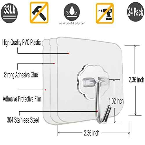 24 Pack Heavy Duty Self Adhesive Hooks - 33lb Max, Transparent, Waterproof, Sticky Wall Hooks for Keys, Bathroom, Shower, Outdoor, Kitchen, Door, Home Improvement, Utility
