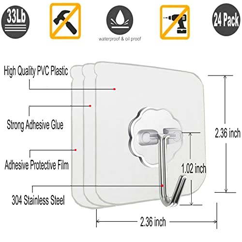 24 Pack Heavy Duty Clear Adhesive Wall Hooks - 33lb Load Capacity