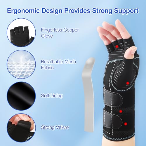 CHIYAN Carpal Tunnel Wrist Brace with Copper Arthritis Glove, Adjustable Metal Splint Stabilizer Wrist Support Women Men for Day Night Sleep Pain Relief Work, Typing, Tendonitis, Sprains