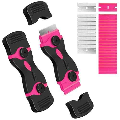 2PCS Razor Blade Scraper, Double Edged Razorblade Scraping Tool with 30Pcs Razor Blades, Paint Scraper for Glass, Decals, Tint, Stickers, Labels, Caulk, Adhesive (Pink)