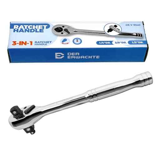3-IN-1 Ratchet Handle, 1/4", 3/8", 1/2", Ratchet Wrench, Socket Wrench, 72-Tooth, Reversible Switch, Full-Polished Chrome Plating, Chromium Vanadium Steel