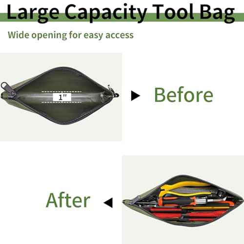 3 Pack Premium Tool Pouches Zipper Bag, 12 in Small Tools Bags with Carabiner, Heavy Duty Flat Bottom Utility Multipurpose Storage Organizer Bag for Tool, Stationary, Pencil (Tan, Navy Green, Black)