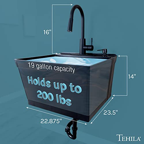 Black Wall-Mounted Utility Sink Kit with Faucet - Space-Saving Laundry & Workshop Tub