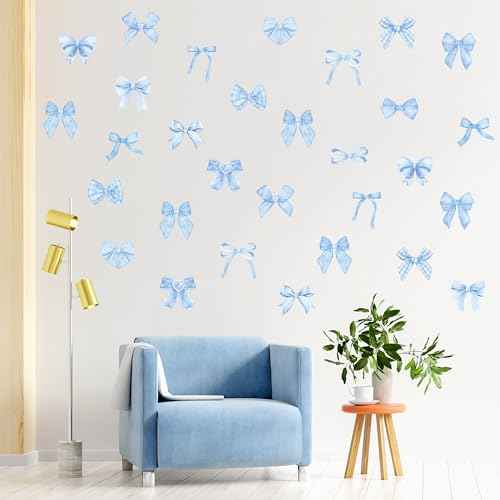 A1diee Blue Bow Wall Stickers - 60Pcs Trendy Light Blue Watercolor Coquette Aesthetic Wall Stickers Bow Knot Baby Room Decor Vinyl Decals Art Wallpaper for Boys Girls Bedroom Kindergarten Nursery