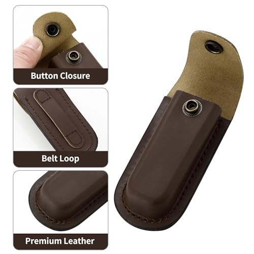 Leather Pocket Knife Sheath, 4'' Pocket Knife Pouch, Folding Knife Belt Sheath with Snap Closure and Vertical Carry Belt Loop, Knife Holster for Outdoor or Daily Use, Medium Size, Brown
