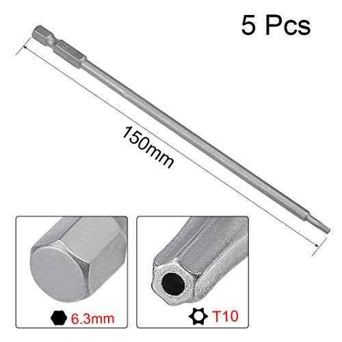 uxcell 5 Pcs T10 Magnetic Torx Screwdriver Bits, 1/4 Inch Hex Shank 5.9-inch Length S2 Security Tamper Proof Screw Driver Kit Tools