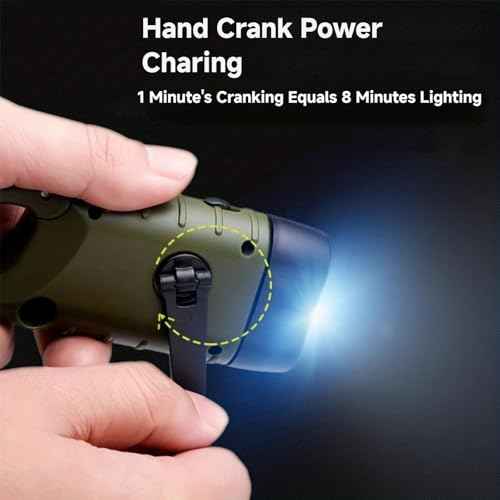 Hand Crank Solar Flashlight, Portable LED Survival Flashlight for Camping, Outdoor, Hiking - No Battery Required - Green