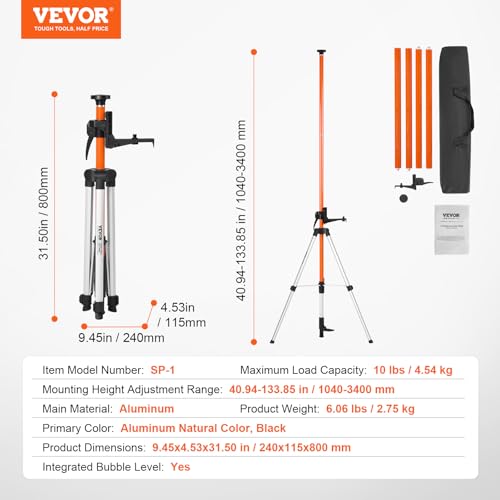 VEVOR Extendable Laser Level Tripod with 1/4"-20 & 5/8"-11 Mounts, 40.94"-133.85" Heavy-Duty Aluminum