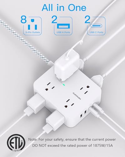 HANYCONY 12-in-1 Surge Protector Power Strip 5ft White Braided Extension Cord