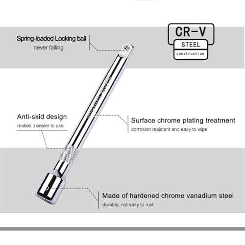 4-Piece 3/8 Inch Drive Extension Bar Set, Includes 3, 6, and 10 Inch Extensions and 3/8 Inch Drive Universal Joint Socket