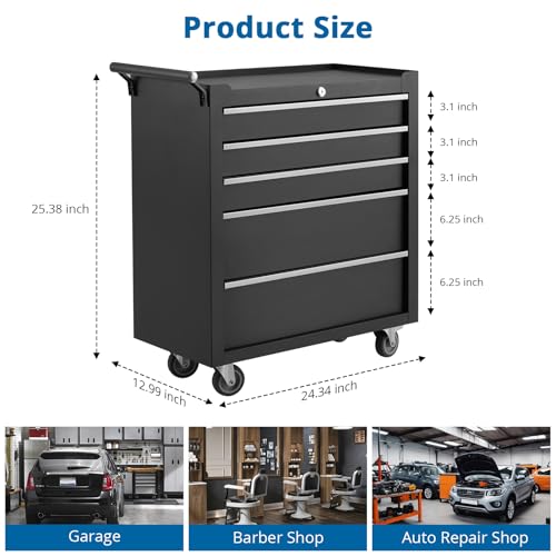 ActiveTrail Heavy-Duty 5-Drawer Rolling Tool Chest with Locking Cabinet - Black