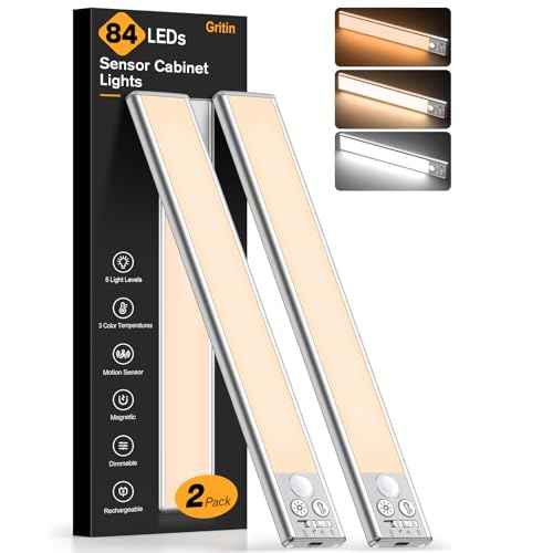 Gritin 10.2inch Under Cabinet Lighting Rechargeable -84 LED Super Bright,3-Color& 5 Level Brightness,4 Modes,Motion Sensor,Long Lasting- Easy Installation Magnetic Under Cabinet Closet Lights -2 Pack