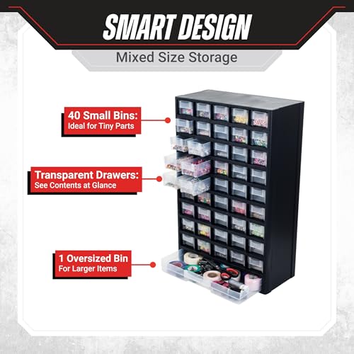 Storage Bin with Drawers 41-Drawer Plastic Parts Organizer by Stalwart (Black) – 40 Small + 1 Large Drawer