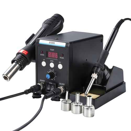 8586 Soldering Station, 2 in 1 Digital Display SMD Hot Air Rework Station and Soldering Iron with 3 standard air nozzles,LED Dual Digital Display with Heat Gun and Solder Iron Kit