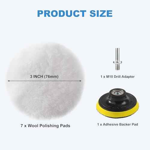 S SATC Wool Polishing Buffing Pad Set with 5PCS 3 Inch Wool Buffing Wheel for Drill, Hook and Loop Back Pad with M10 Drill Adapter, Compound Waxing and Polishing for Car Polisher