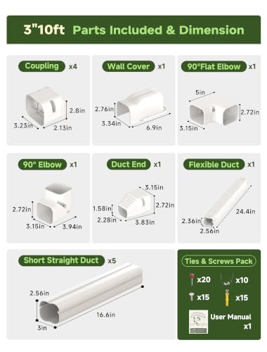 SMOQIO 3-Inch, 10Ft Mini Split Line Set Cover Kit with Straight Duct & Instructions