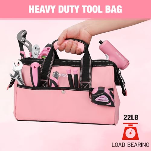WORKPRO 13-Inch Tool Bag, Pink Soft Cloth Tool Storage Bags, Wide Mouth Tool Tote Bag with Inside Pockets - Pink Ribbon