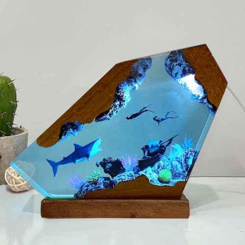 Shark Ocean Resin Lamp, Handmade Resin Night Light for Home Office Decor, Multi-Color LED Light with USB Port, Shark Gifts for Women & Men, Birthday Holiday Marine Biology Gifts for Kids (6"x4")