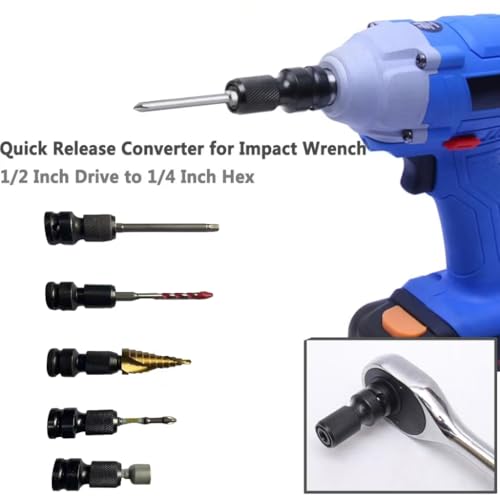 8Pcs Set 1/2 inch Square Drive to 1/4 inch Hex Female Socket Adapter Conversion Chuck Adapter Pins and Washers Magnetic Double Ended Screwdriver Bits Suitable for Impact Air and Electric Wrench