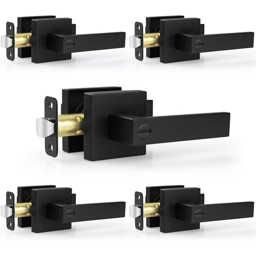 Estmoon 5 Pack Matte Black Interior Door Handles with Privacy Lock - Reversible, Noiseless, Heavy-Duty Zinc Alloy
