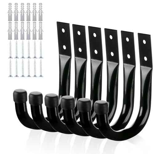 KURUI Metal Wall Hooks for Hanging Heavy Duty, 6Pcs Garage Organization and Storage Hook for Extension Cord Tool Coat Backpack Bag, Large Utility J Hooks, Black Wall Mount Hanges for Outdoor Indoor
