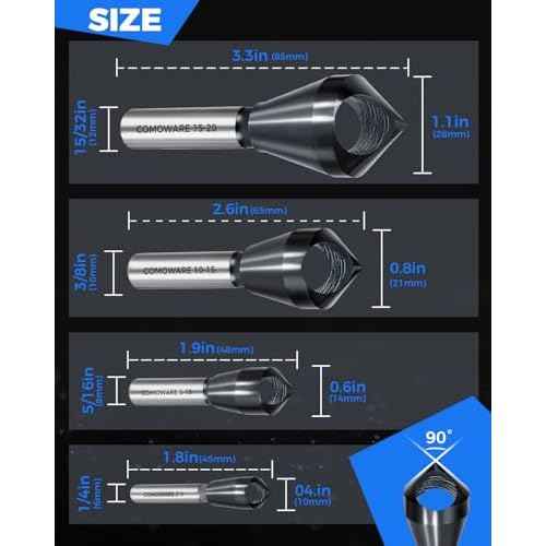 COMOWARE 4pcs TiAIN Coated Chamfer Tool M35 Chamfer Bit 90-Degree Countersink Drill Bit Set for Wood & Metal, Heavy Duty Countersink Bit SAE 1/4"-3/4", 2-5, 5-10, 10-15, 15-20mm