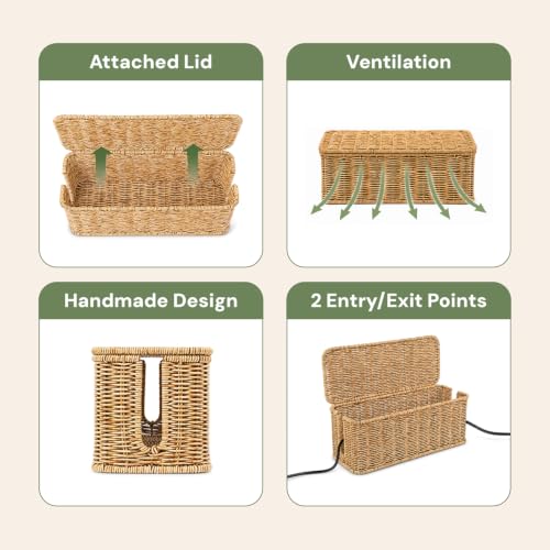 Natural Handmade Rattan Cable Management Box for Power Strips - Rectangle